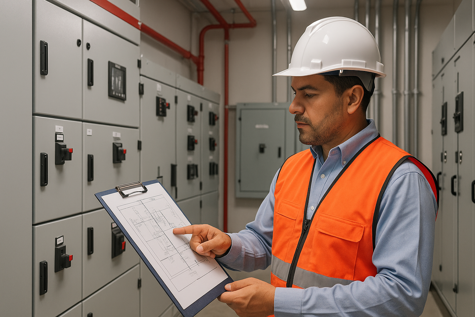 Ingeniero con casco revisando plano eléctrico en cuarto de tableros industriales