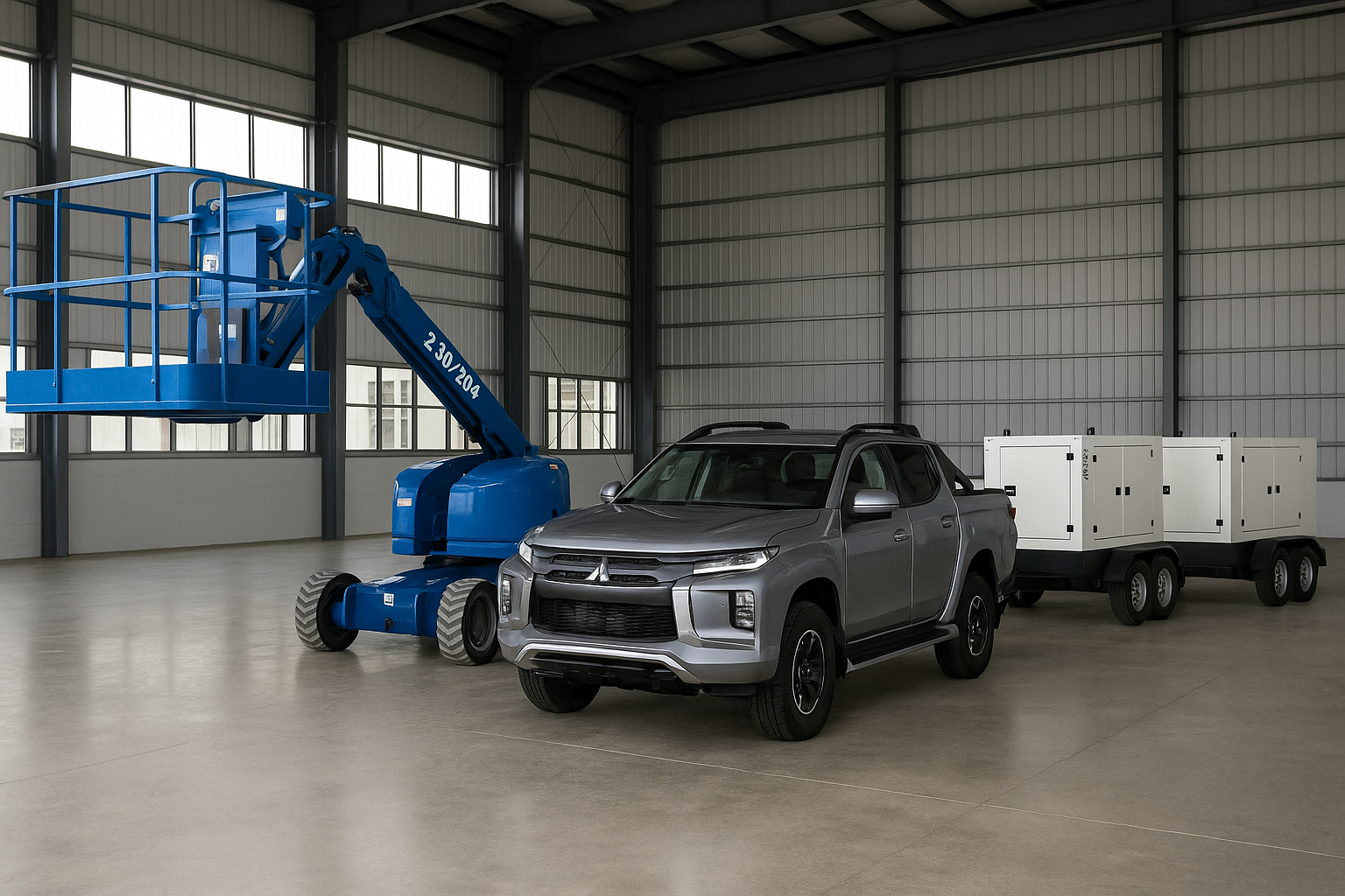 Plataforma elevadora Genie azul, camioneta Mitsubishi L200 2025 gris y plantas de luz en nave industrial moderna