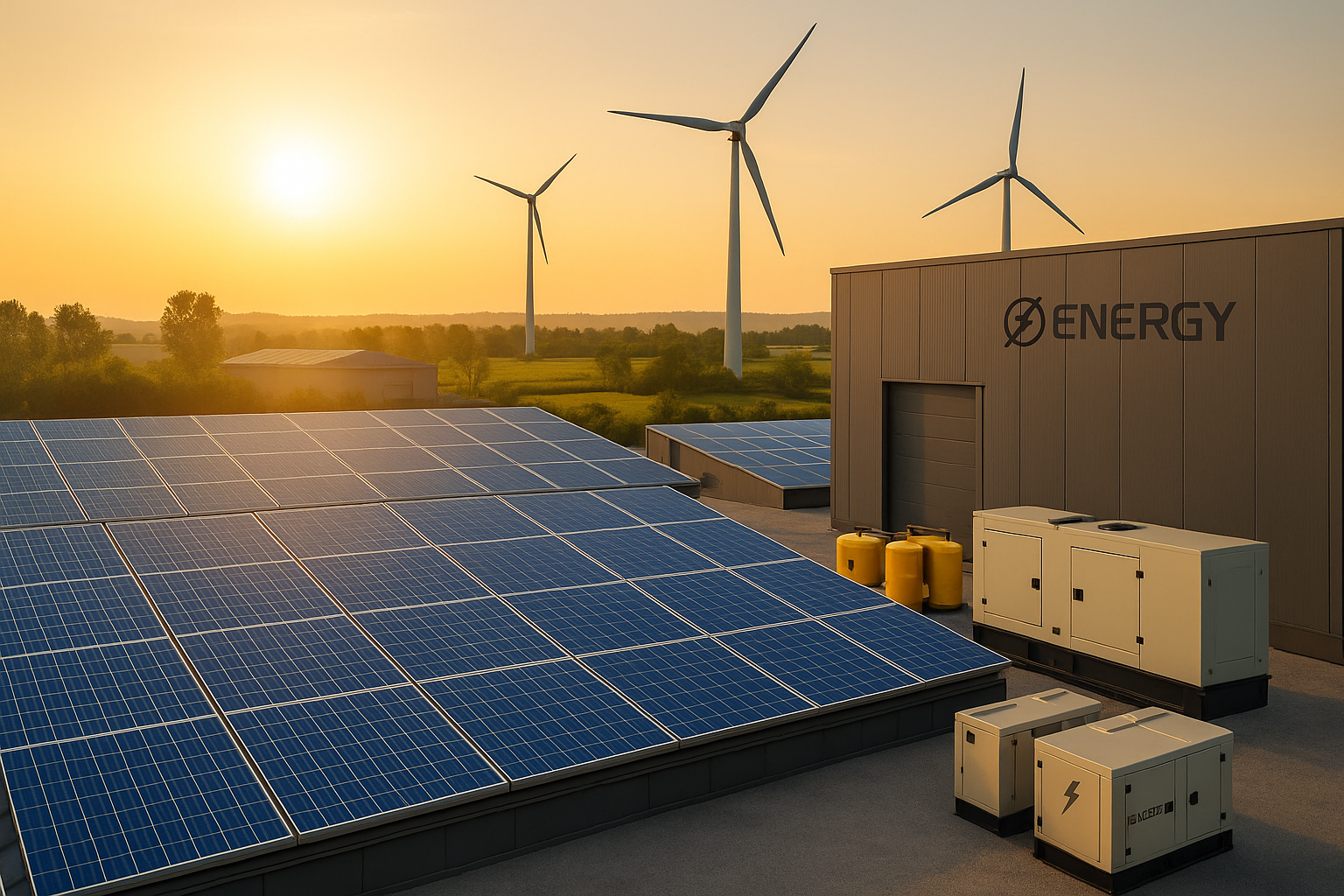Nave industrial con paneles solares en el techo, generadores de respaldo y aerogeneradores al fondo al amanecer, con el logo de Energy.