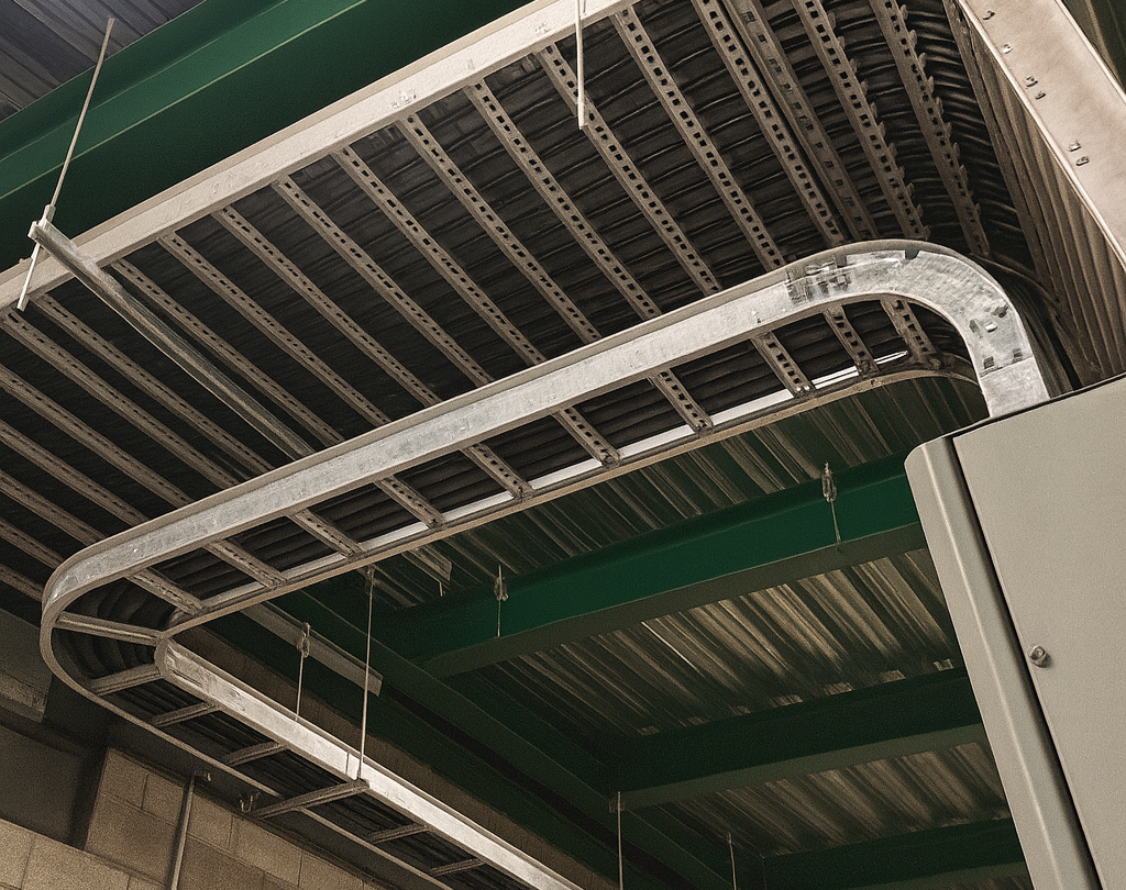 Charolas metálicas para canalización eléctrica industrial instaladas en estructura de nave con acabado profesional