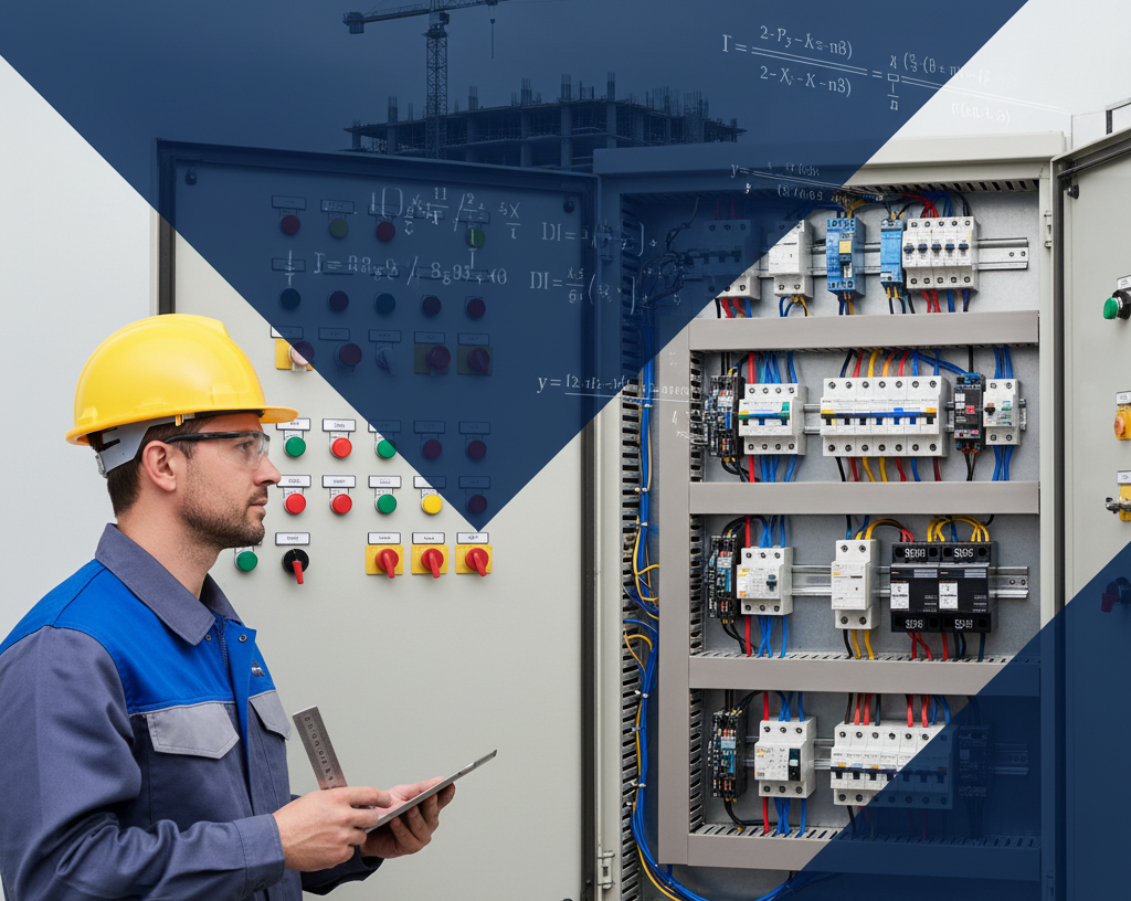 Ingeniero revisando panel eléctrico industrial con planos de fondo – Guía básica para proyectos eléctricos empresariales