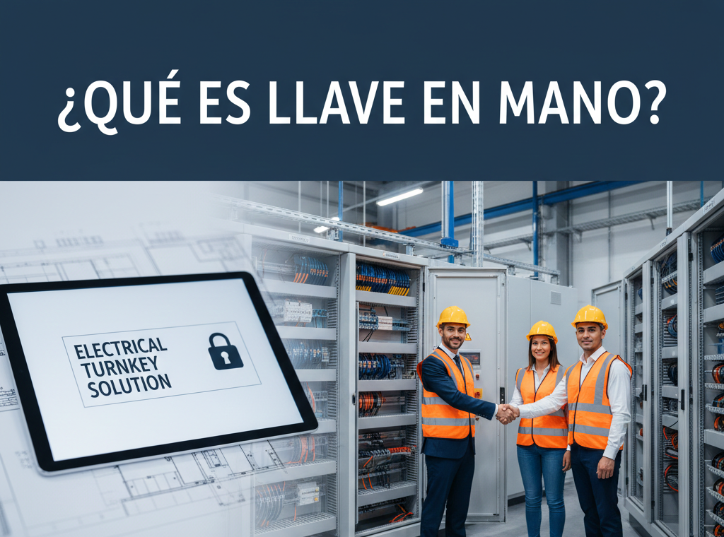 Ingenieros supervisando una instalación eléctrica llave en mano en una planta industrial con tableros de control y cableado estructurado.