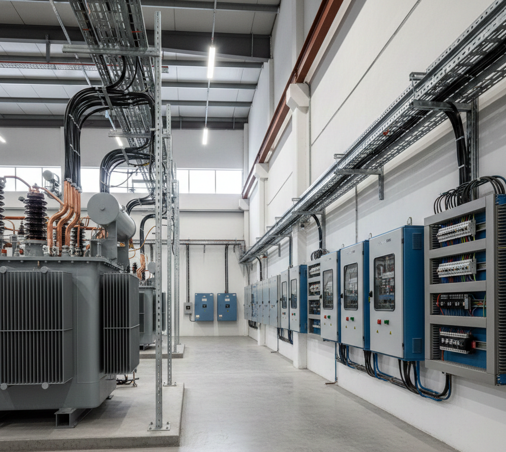 Subestación de media tensión con transformador y tableros de distribución de baja tensión en una nave industrial moderna en México.