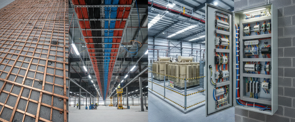 Collage de servicios eléctricos industriales de Energy: sistema de puesta a tierra, peinado de cables, subestación eléctrica y tablero de control en nave industrial.