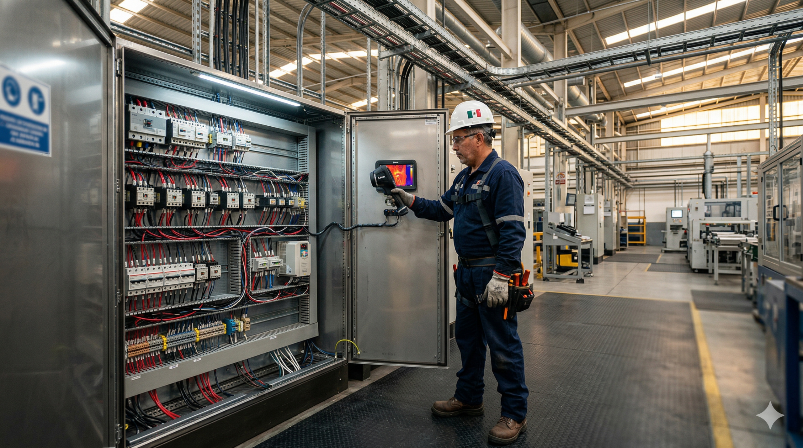 mantenimiento eléctrico industrial en tablero eléctrico con técnico realizando inspección en planta industrial en México